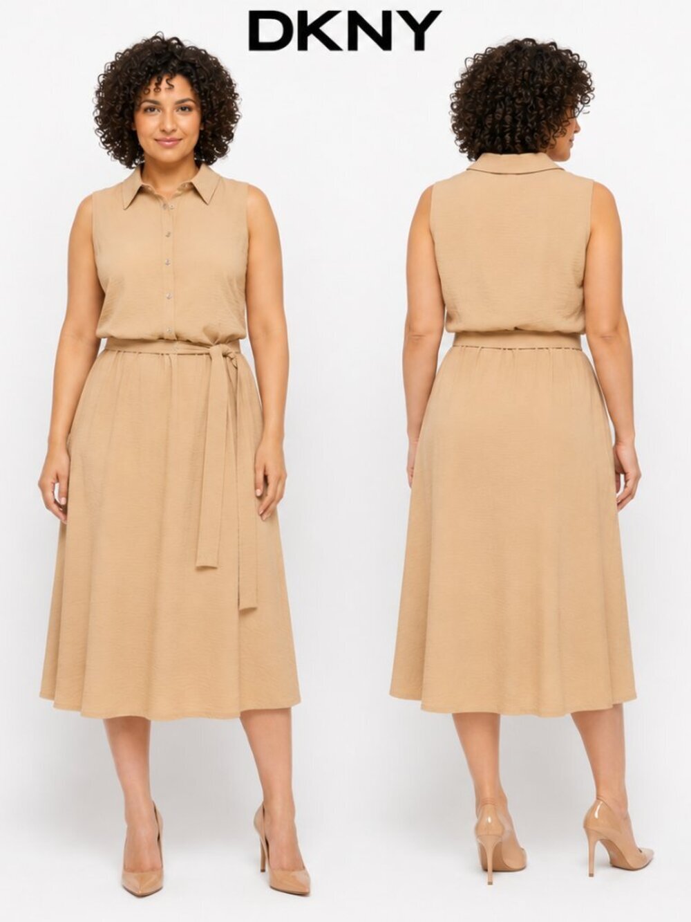 DKNY Khaki Tan Sleeveless Midi Shirtdress with Belt DD5W1Q09 Size 10
